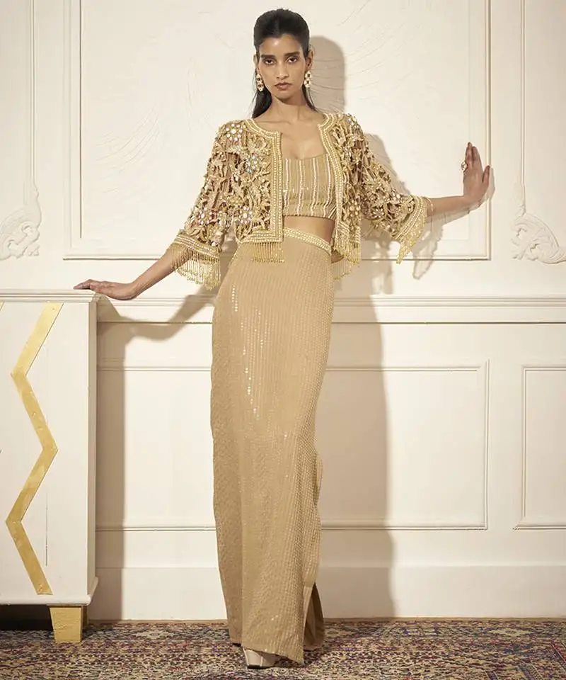 Gold organza embroidered skirt & bustier with cape