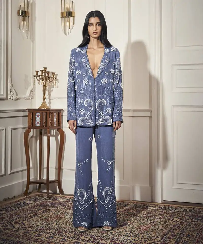 Blue satin embroidered blazer paired with bustier & pant