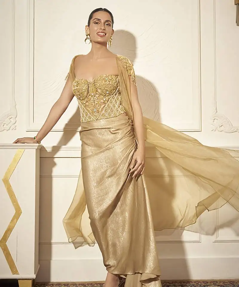 Gold organza plain skirt & cape with embroidered bustier