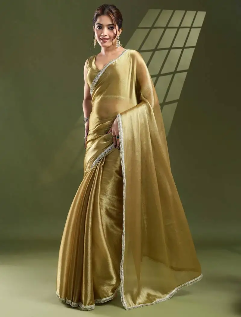 Olive silk blend saree with unstitched blouse