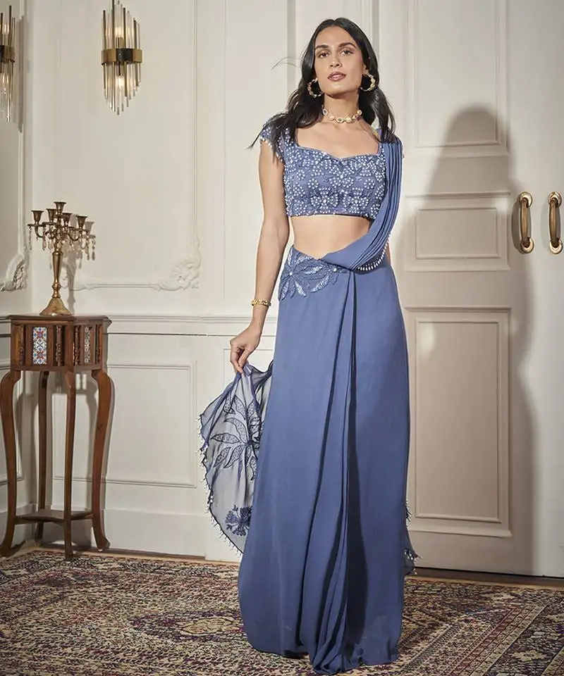 Blue georgette plain saree with embroidered blouse