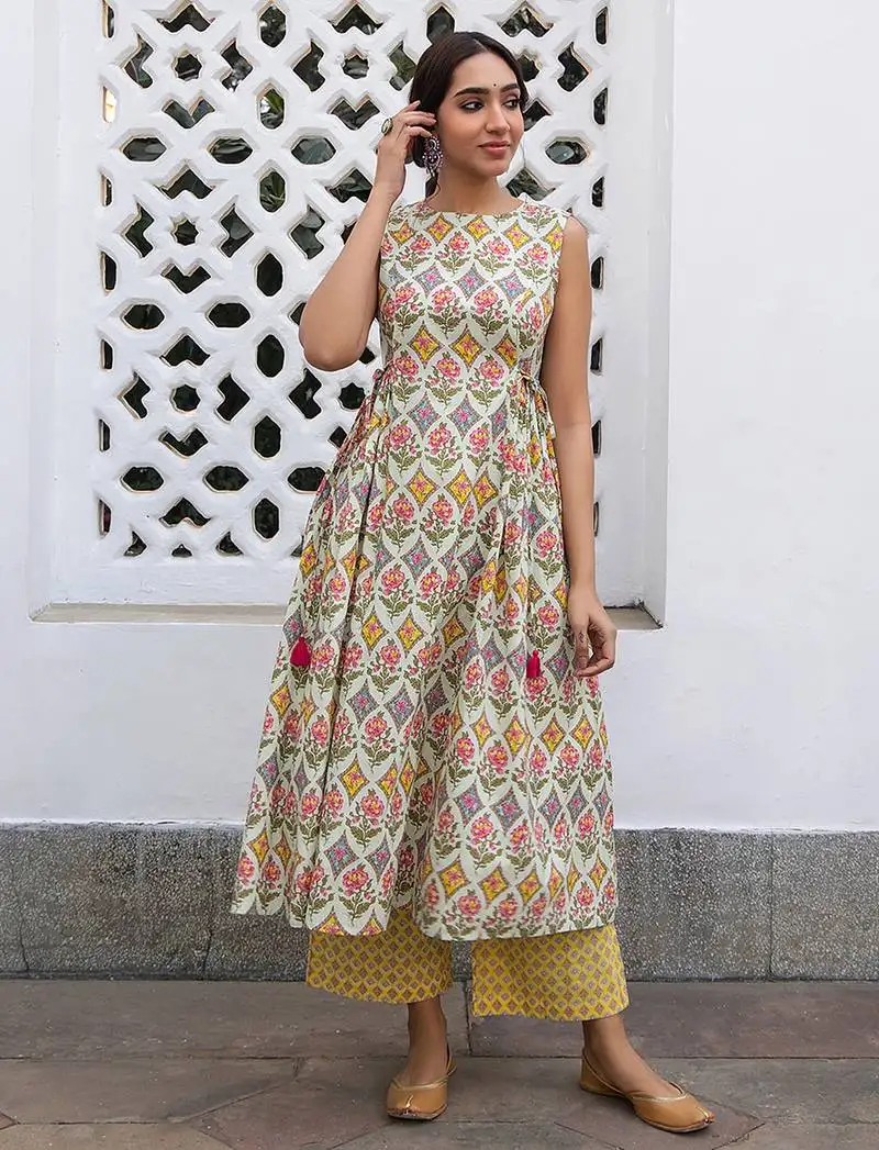 Women's multicolor cotton ethnic motifs a-line kurta set