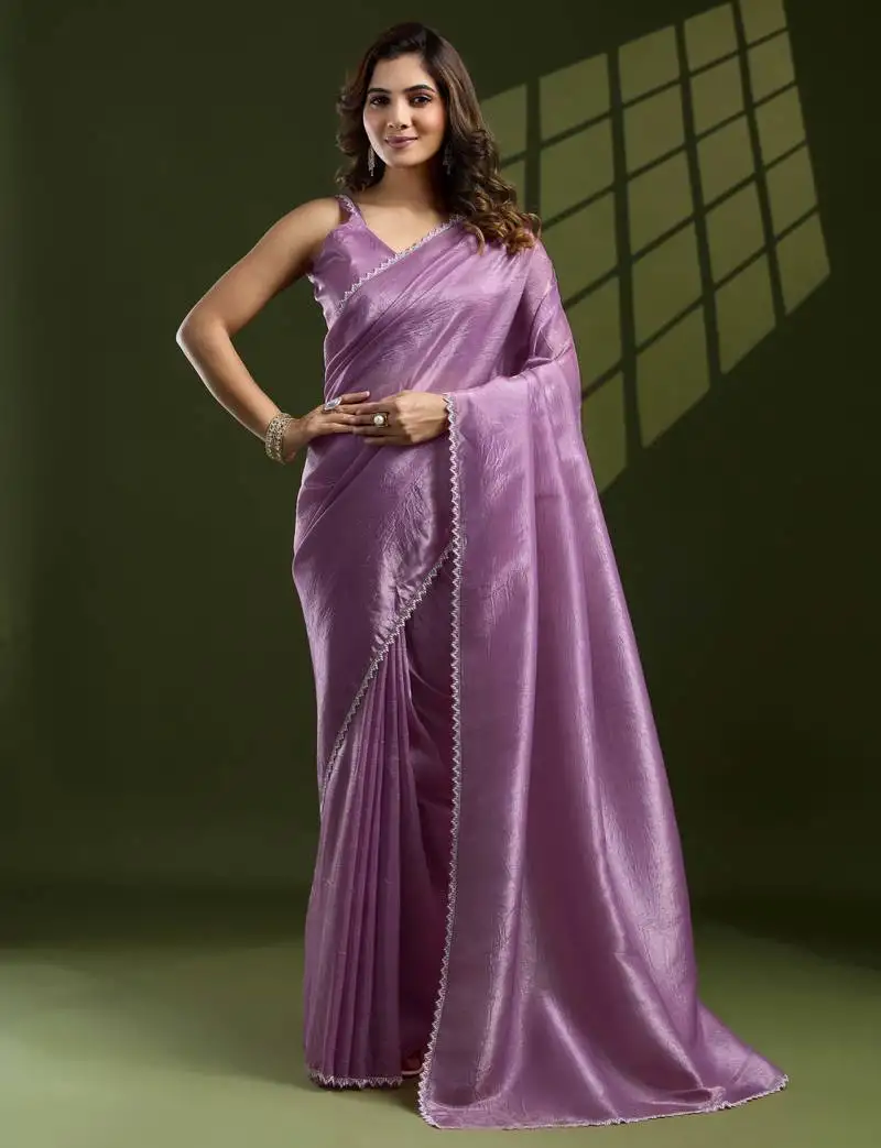 Lavender silk blend swaroski work saree with unstitched blouse