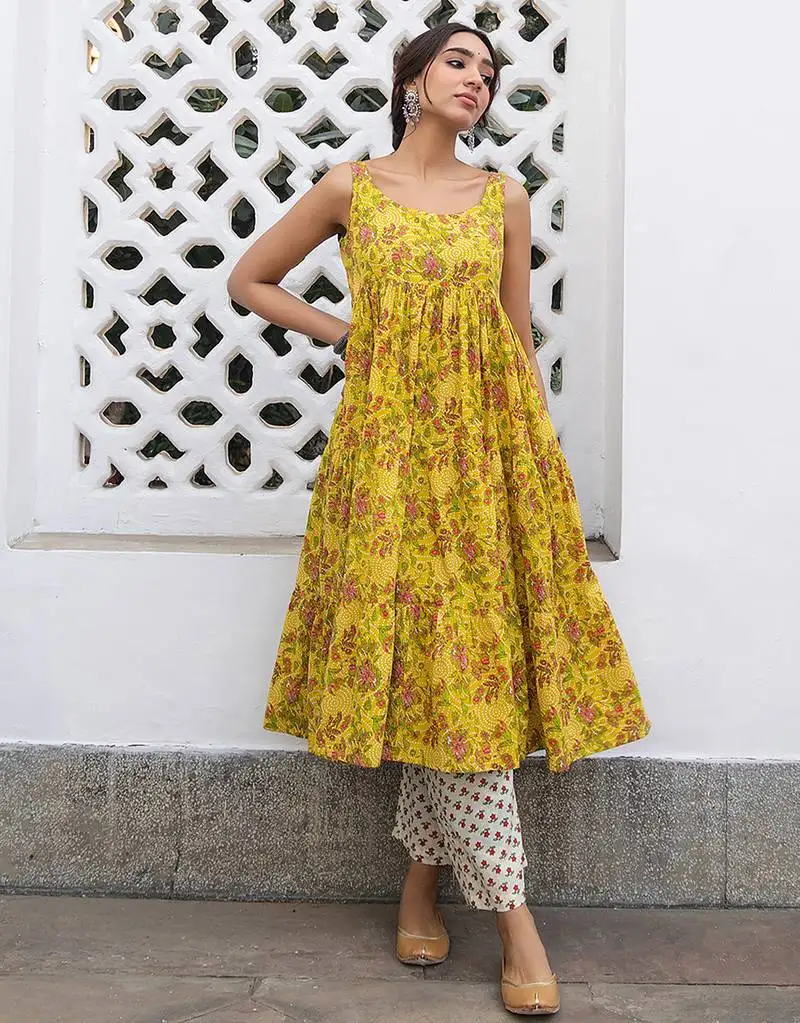 Women's mustard cotton floral printed anarkali kurta set