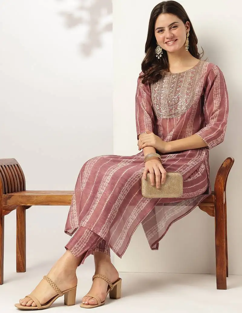 Women's mauve silk blend tie & dye yoke embroidered straight kurta pant set