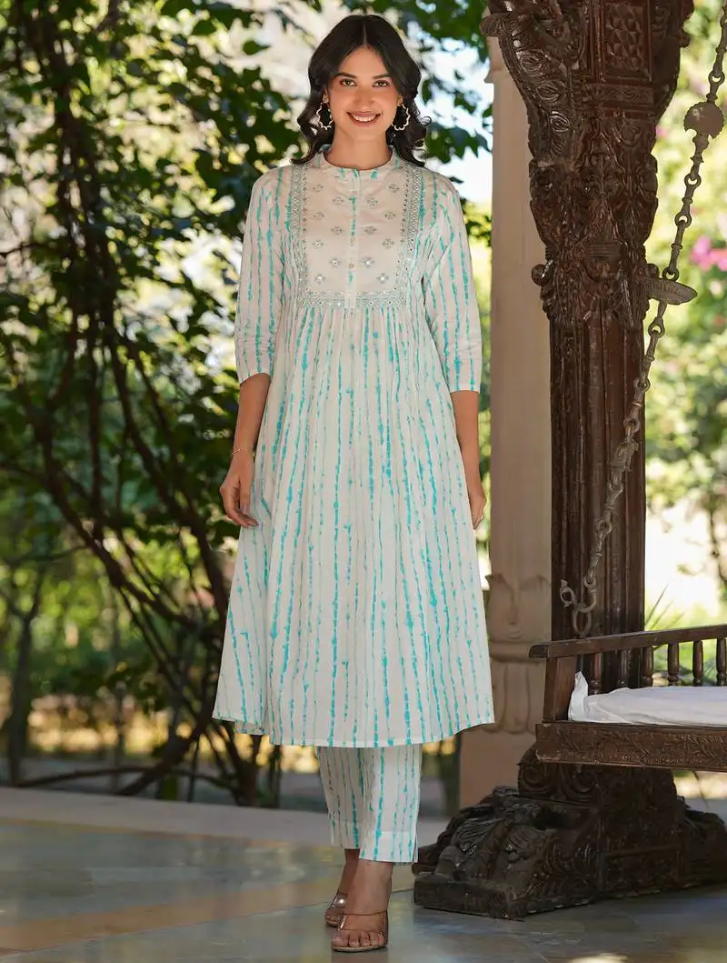 Women's white pure cotton tie & dye mirror work a-line kurta pant set
