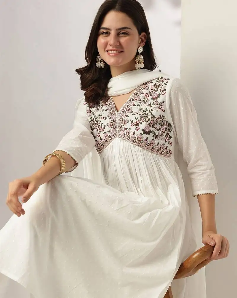 Women's white dobby pure cotton embroidered a-line kurta set