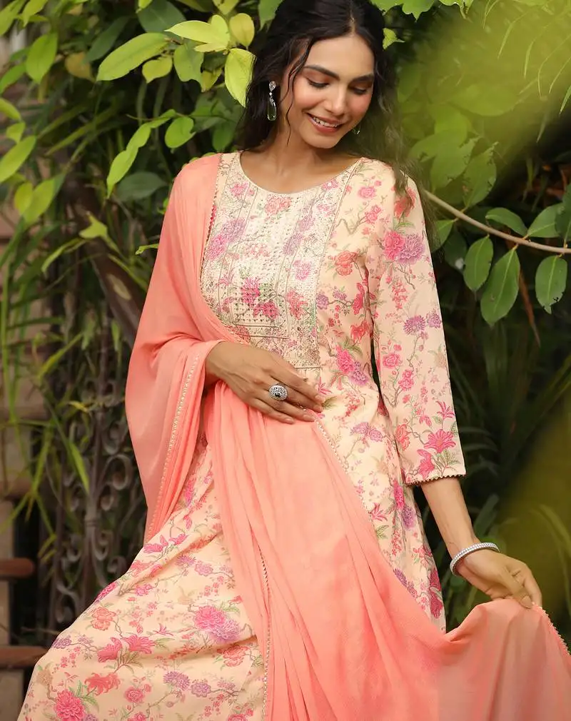 Women's peach georgette yoke design floral printed a-line kurta set