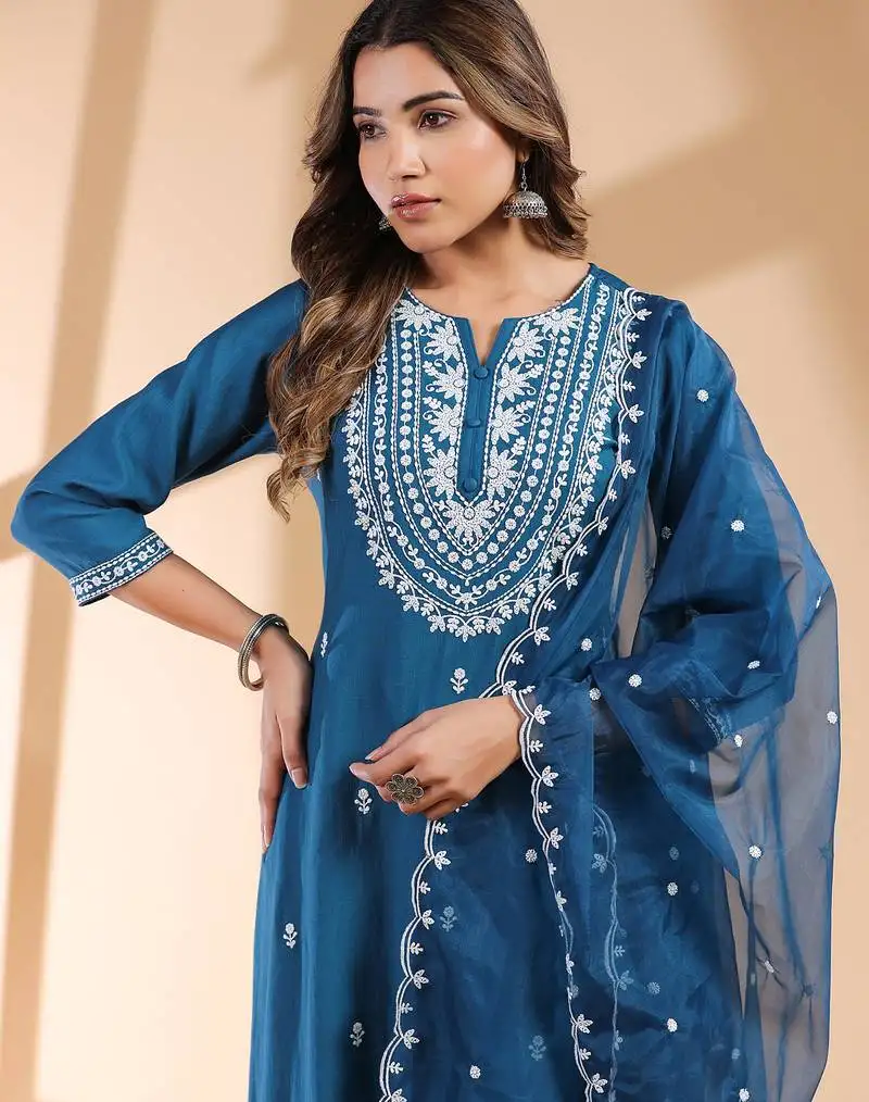 Women's teal blue silk blend embroidered straight kurta set