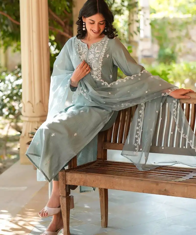Women's light blue silk blend embroidered straight kurta set