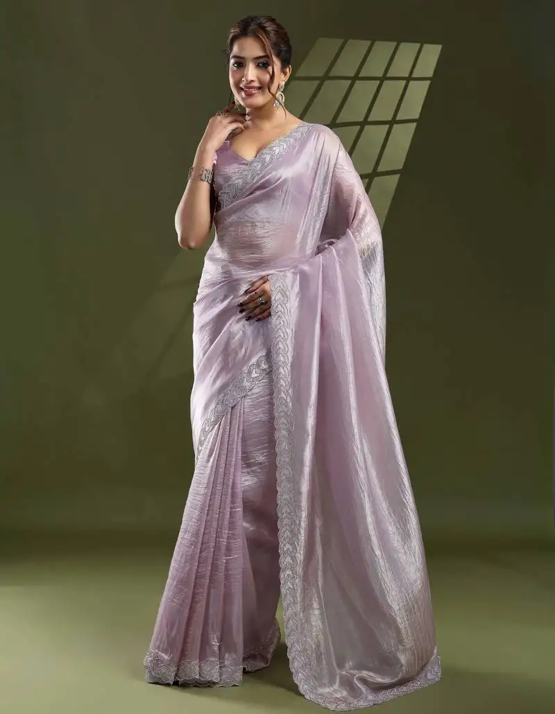 Lilac silk blend swaroski work saree with unstitched blouse