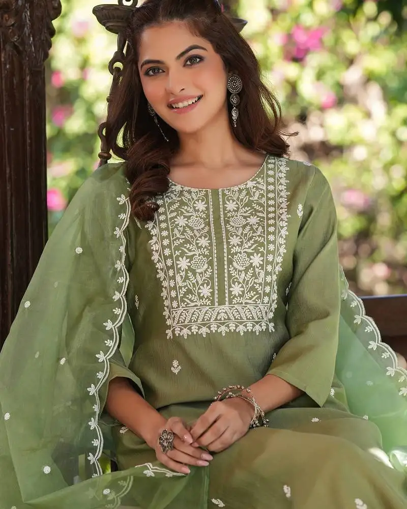 Women's sage green silk blend embroidered straight kurta set