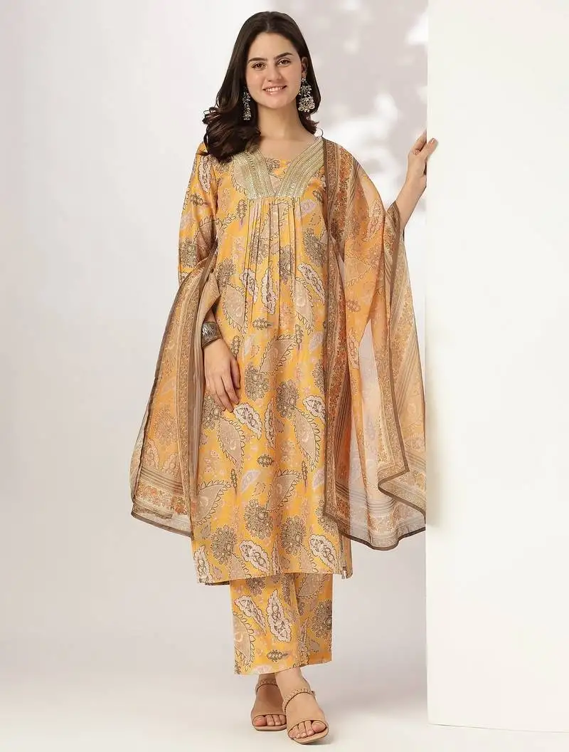 Women's mustard silk blend floral printed straight kurta set