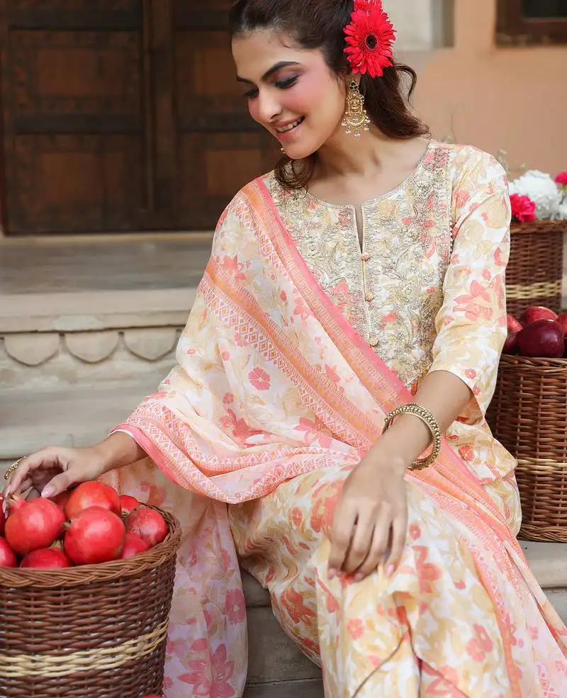 Women's cream pure cotton floral printed yoke embroidered a-line kurta set