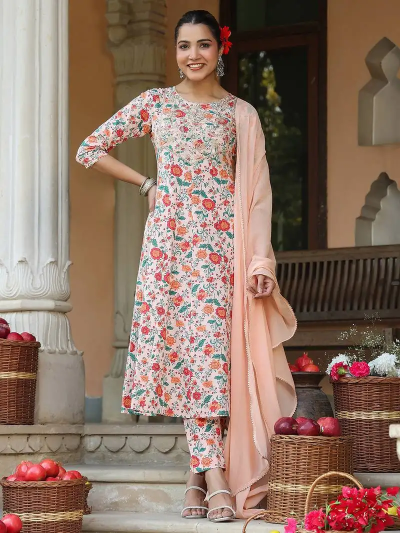 Women's peach pure cotton floral printed yoke embroidered anarkali kurta set
