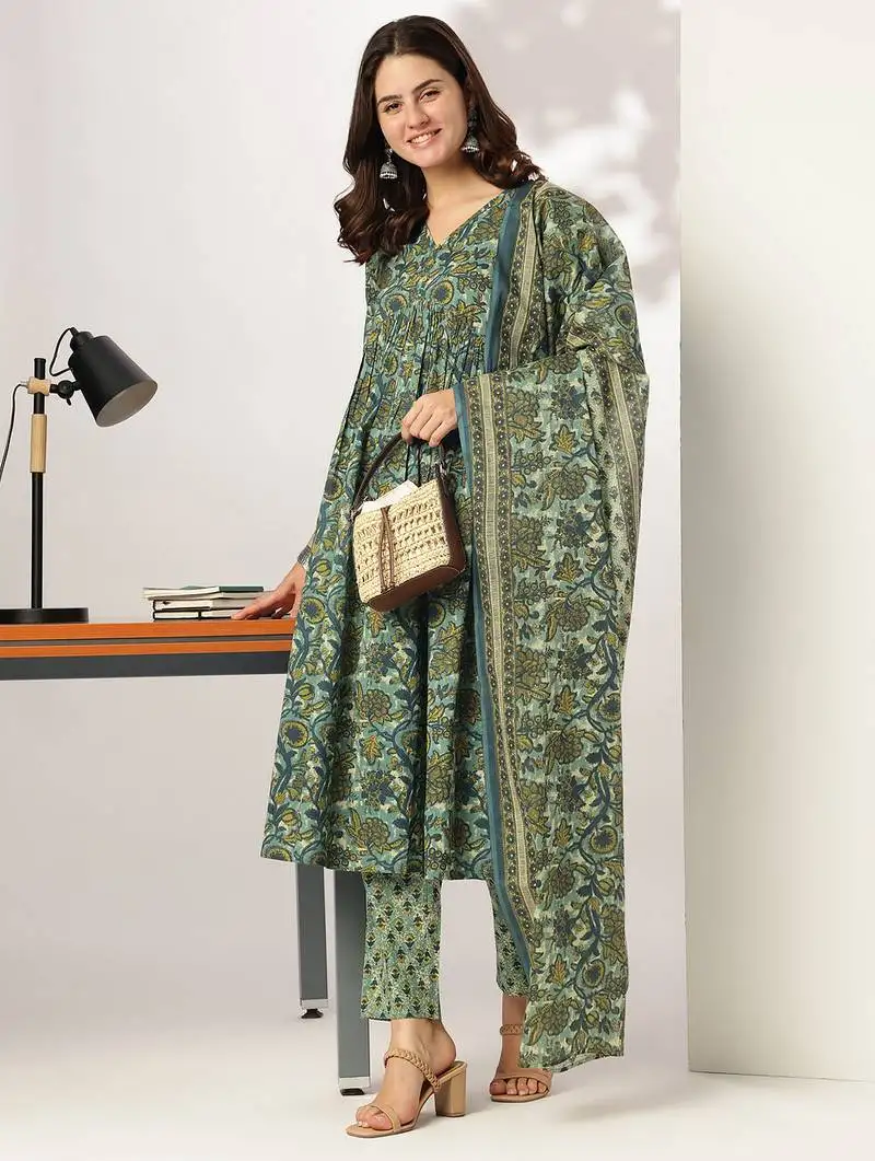 Women's sea green pure cotton floral printed a-line kurta set