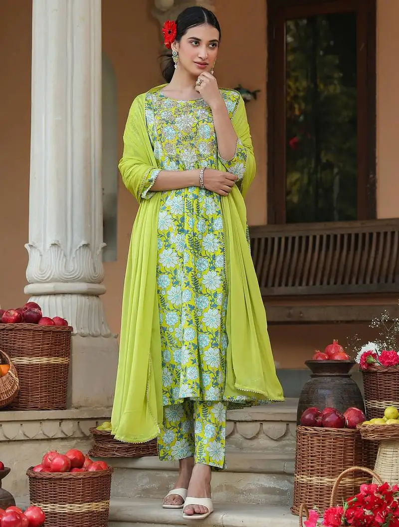 Women's lime green pure cotton floral printed yoke design a-line kurta set