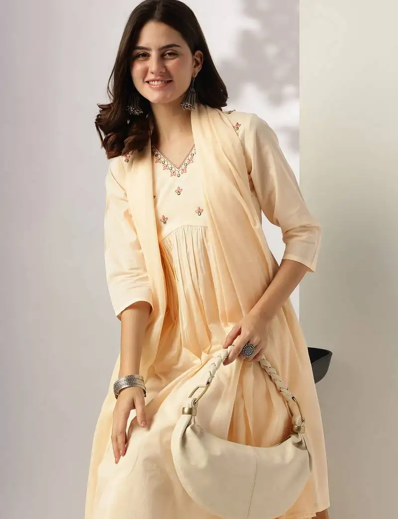 Women's cream pure cotton yoke embroidered a-line kurta set
