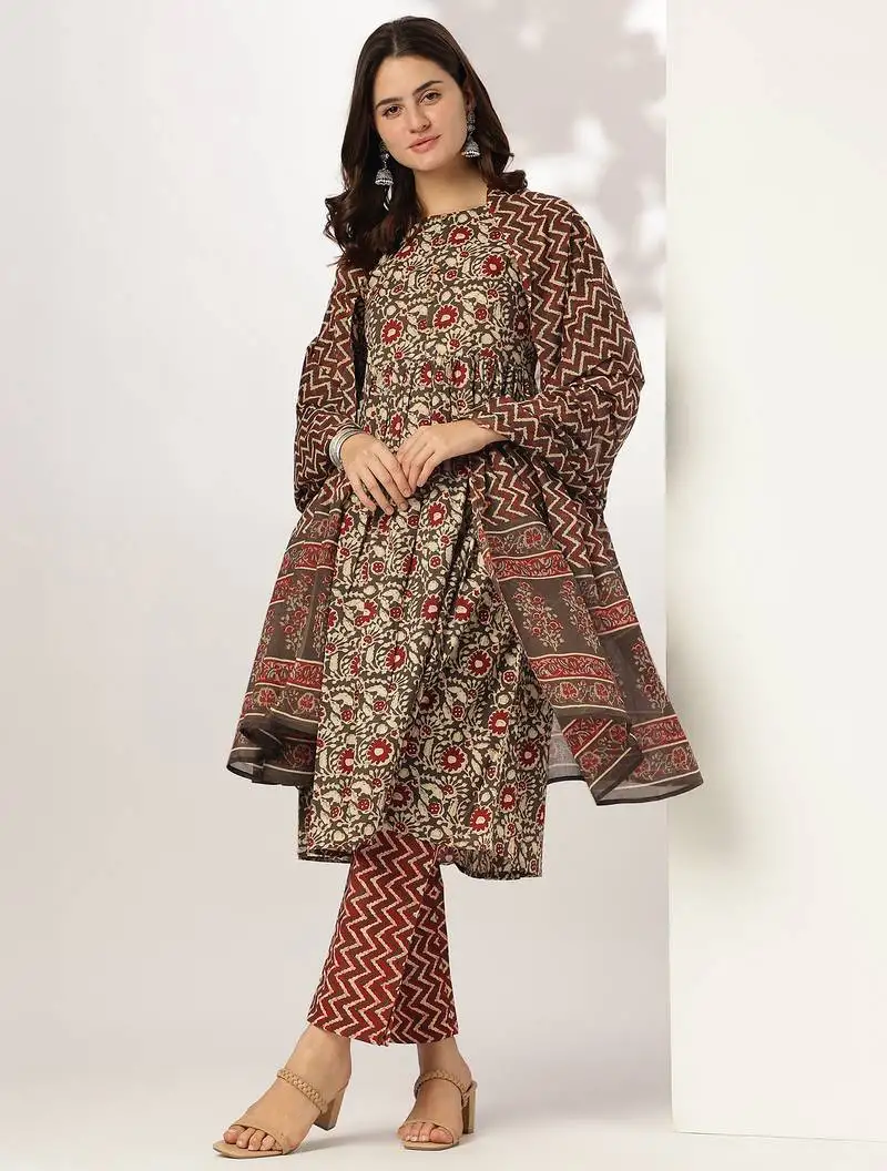 Women's brown pure cotton floral printed a-line kurta set