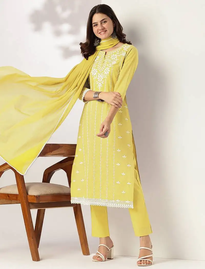 Women's yellow pure cotton embroidered straight kurta set