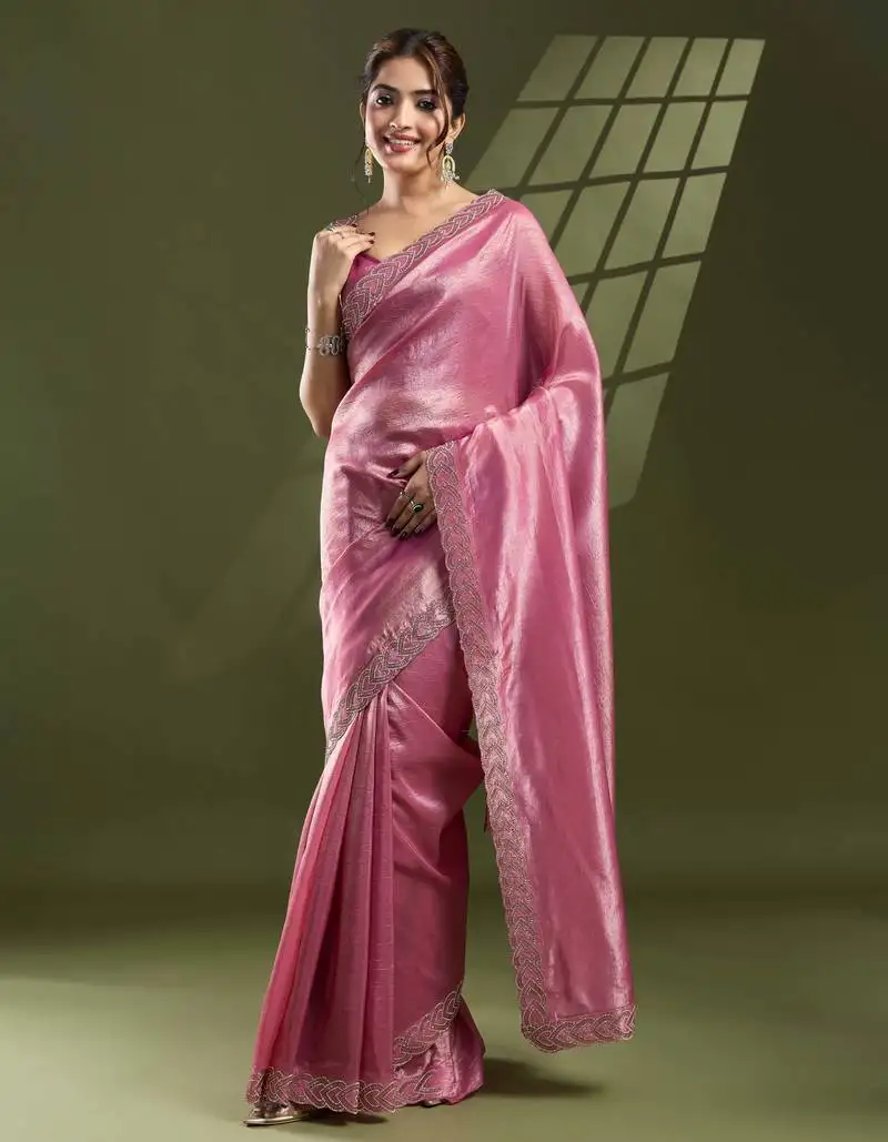 Pink silk blend swaroski work saree with unstitched blouse