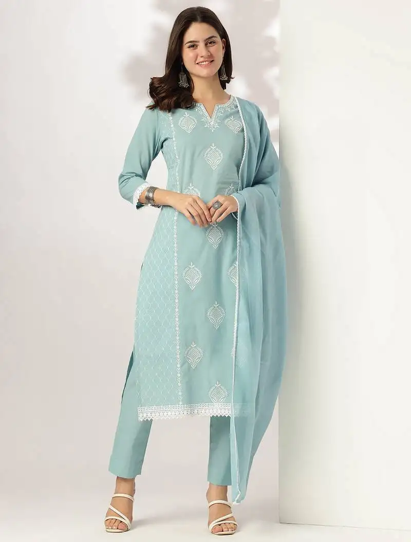 Women's light blue pure cotton embroidered straight kurta set