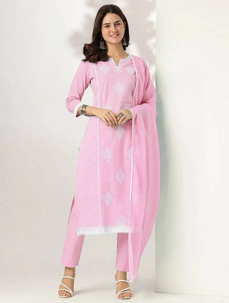 Women's light pink pure cotton embroidered straight kurta set