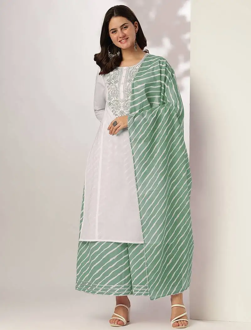 Women's white & sage green pure cotton yoke embroidered straight kurta with palazzo & dupatta set