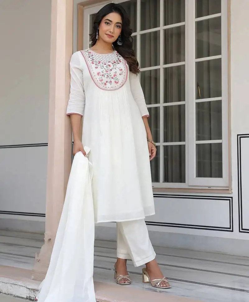 Women's off white pure cotton yoke embroidered a-line kurta set