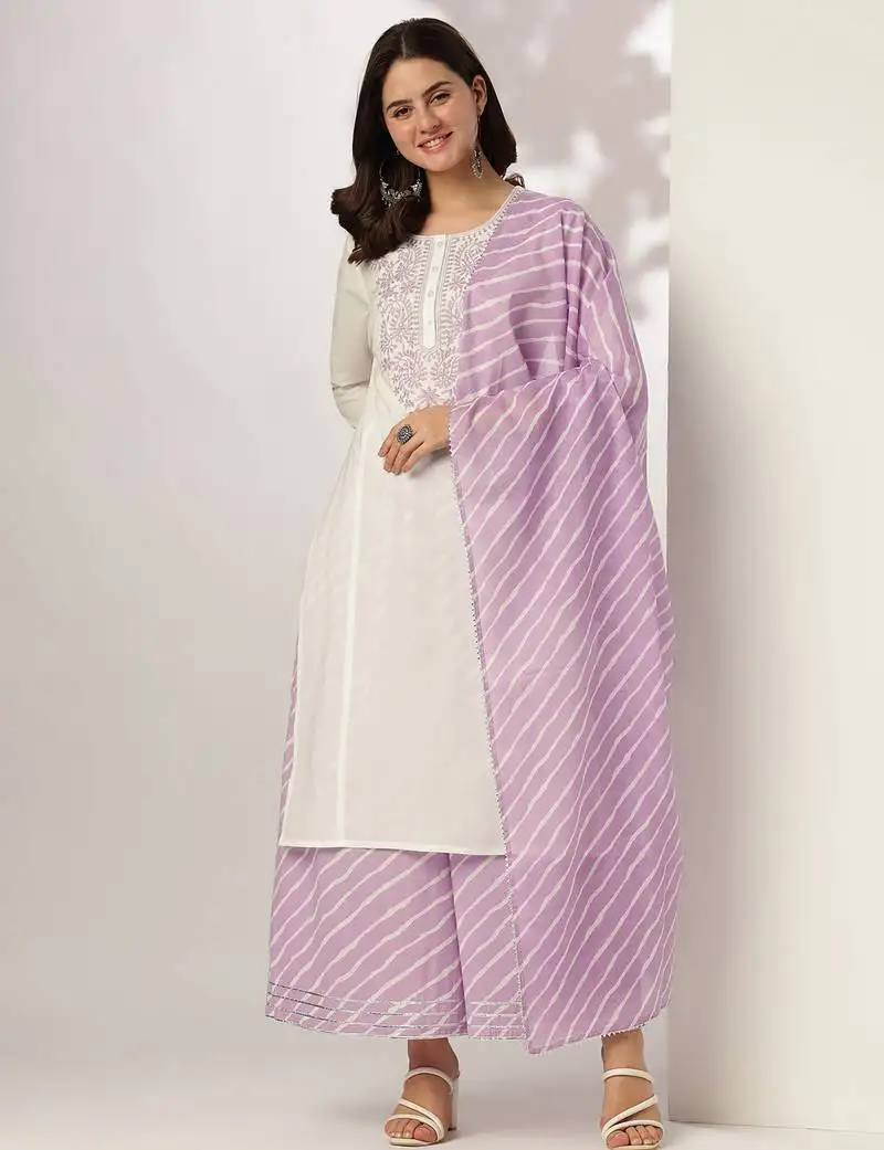 Women's white & lavender pure cotton yoke embroidered straight kurta set