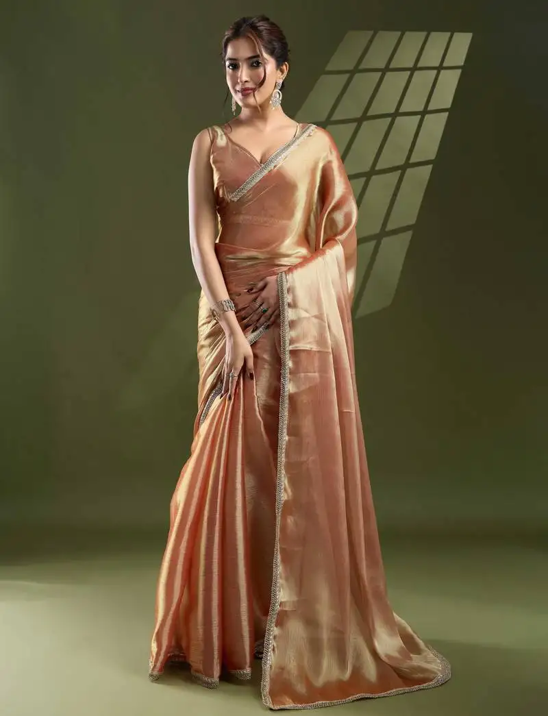 Peach silk blend saree with unstitched blouse