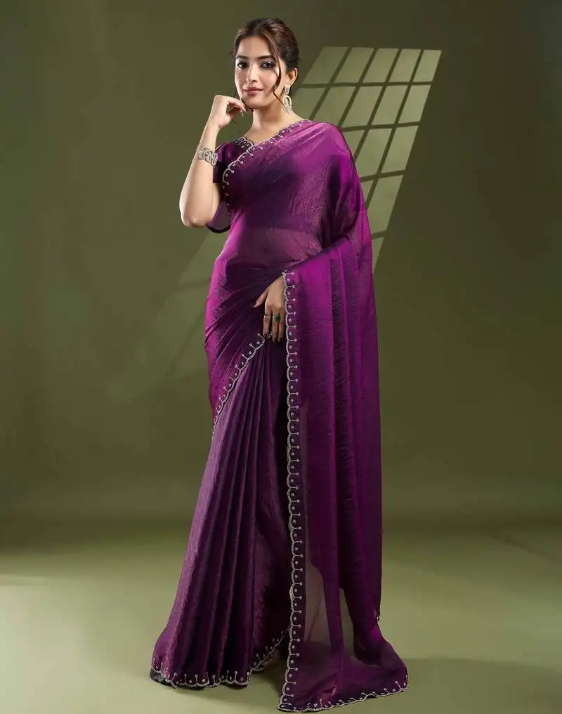 Purple silk blend swaroski work saree with unstitched blouse