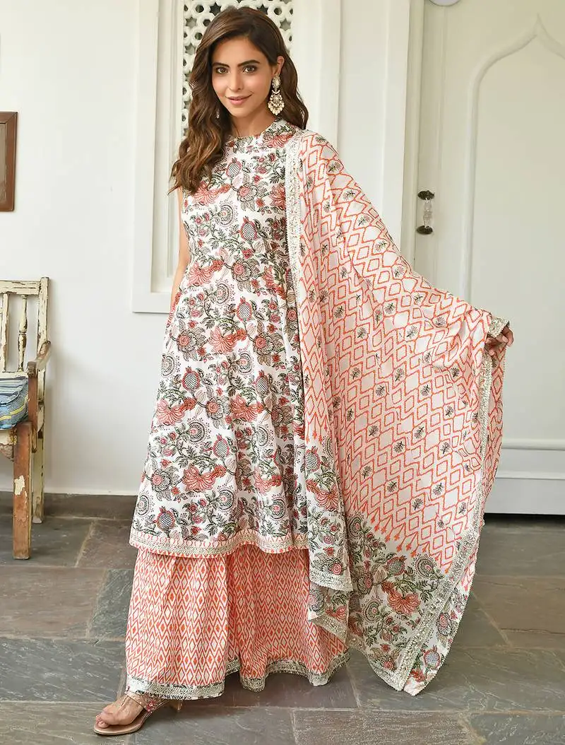 Women's white cotton floral block print kurta with sharara and dupatta