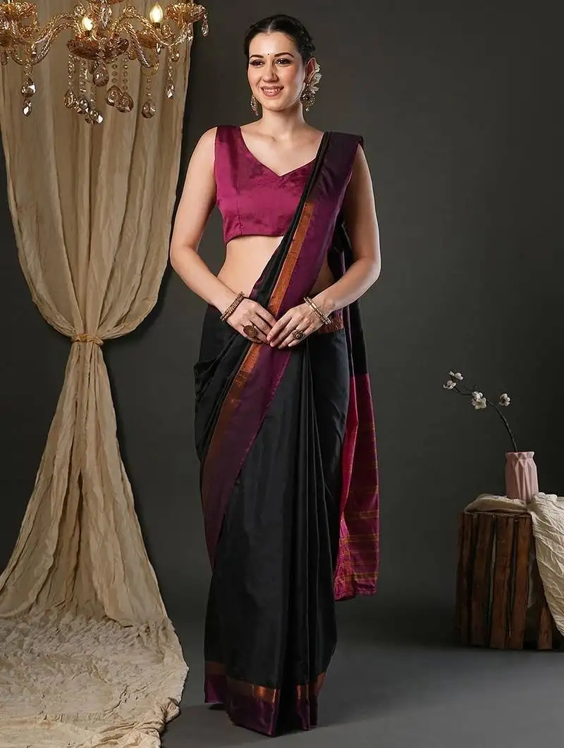Black silk blend soft saree with contrast blouse