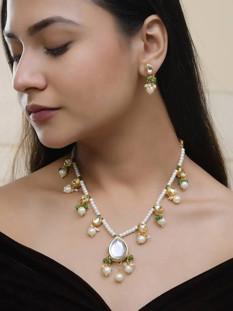 "bridal kundan pearl necklace set with green beads & matching earrings