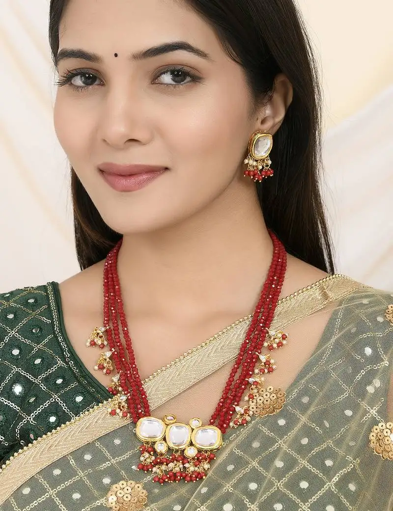Red beaded kundan bridal necklace set with earrings