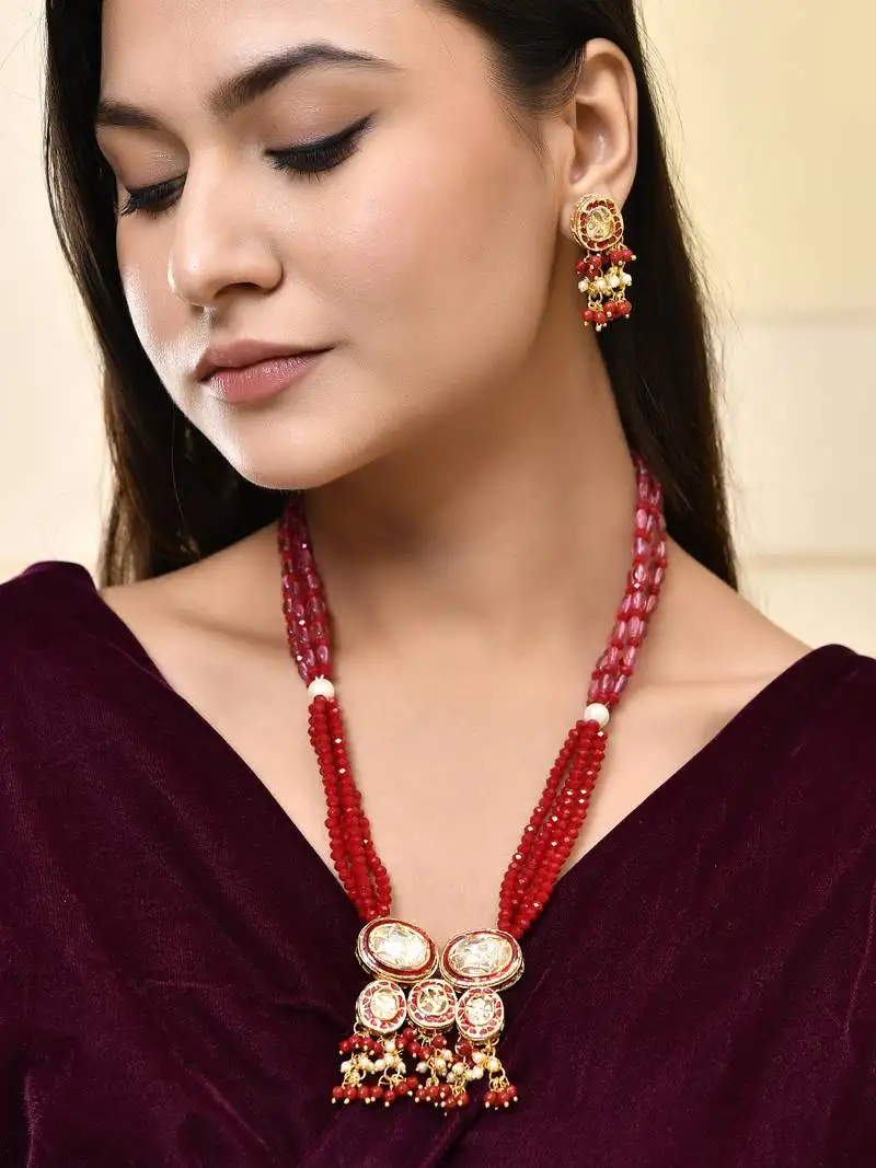 Red beaded kundan necklace set with earrings