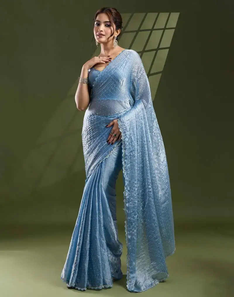 Sky blue silk blend swaroski work saree with unstitched blouse