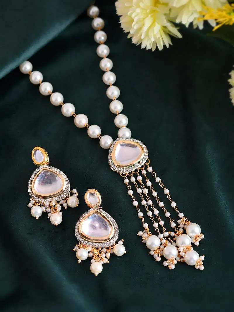 Pearl drop kundan necklace set with teardrop crystals