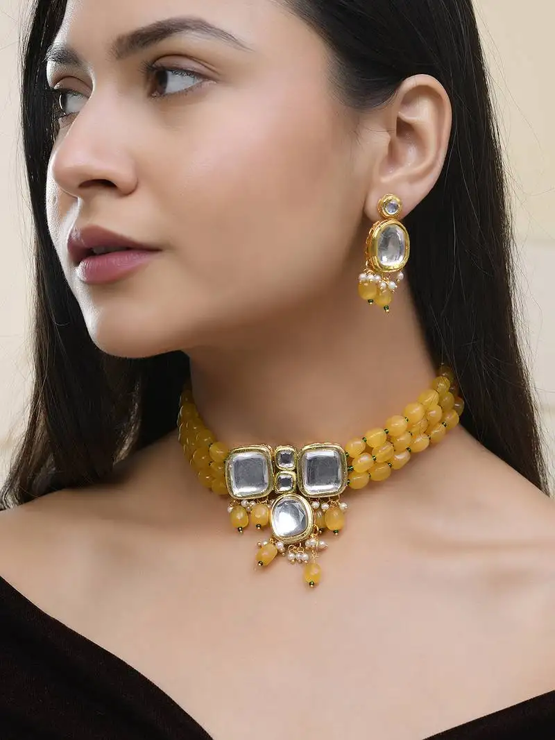 "yellow beaded mirror work necklace set with earrings