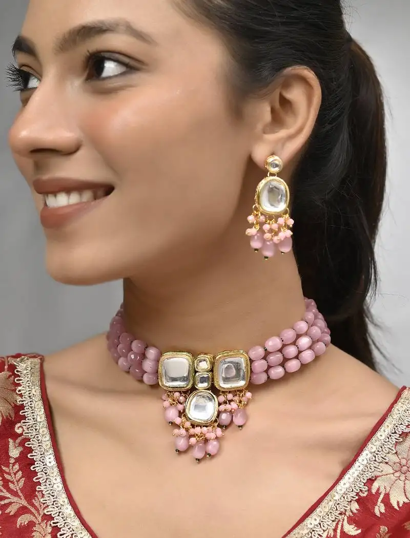 "pink beaded kundan choker necklace set with earrings