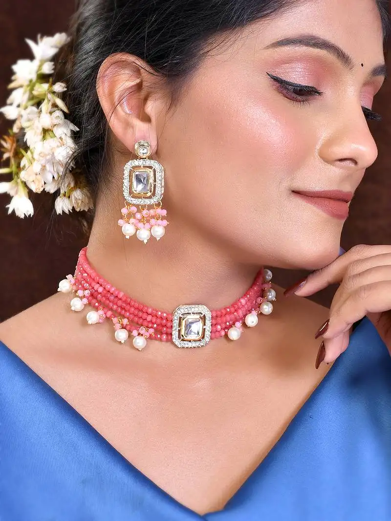 Pink beaded pearl kundan choker set with earrings