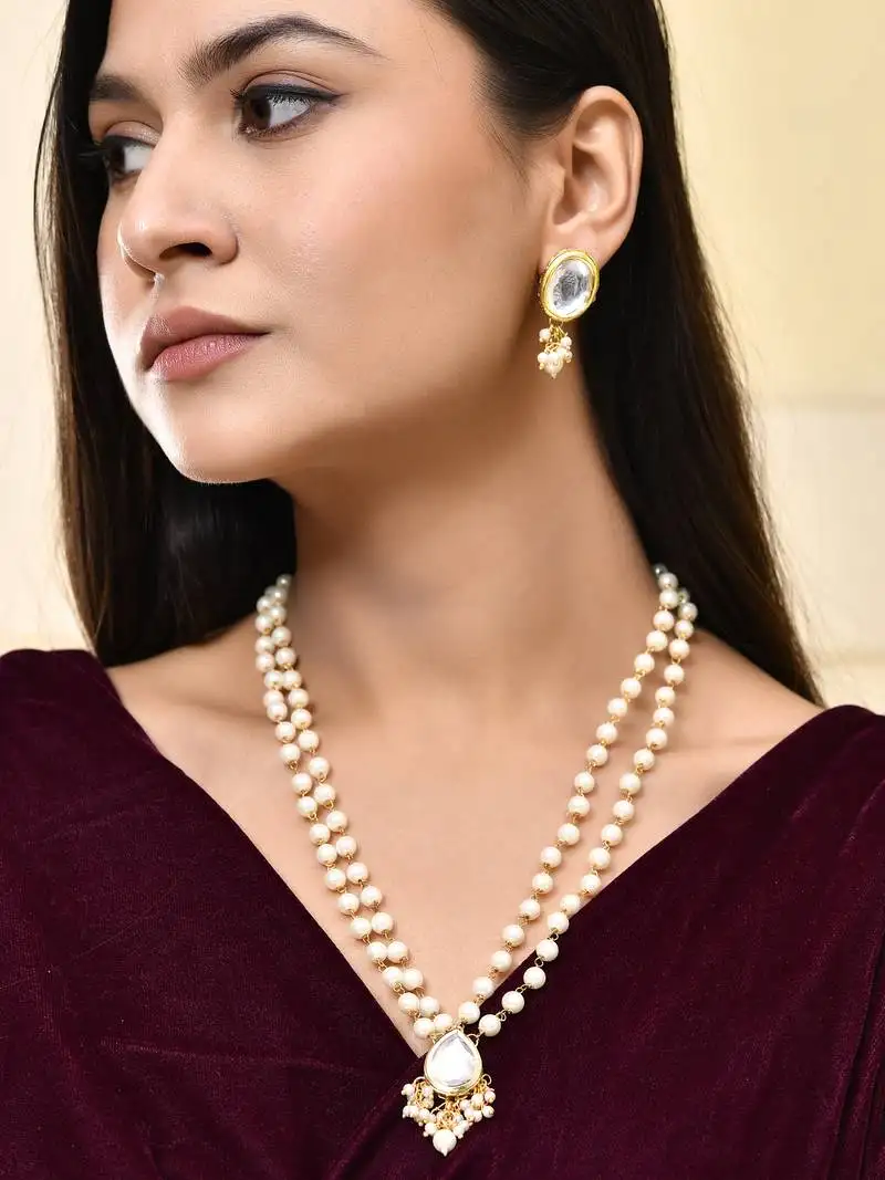 "pearl & crystal teardrop necklace set with dual-strand