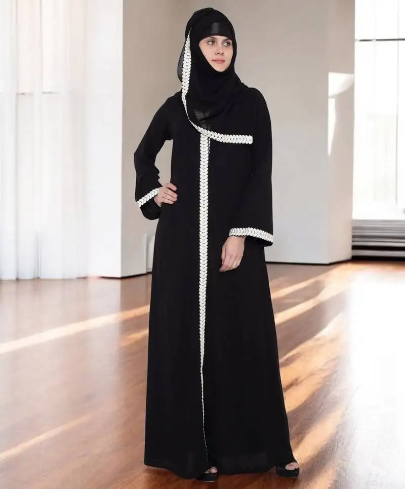 Black front open dress with lace work