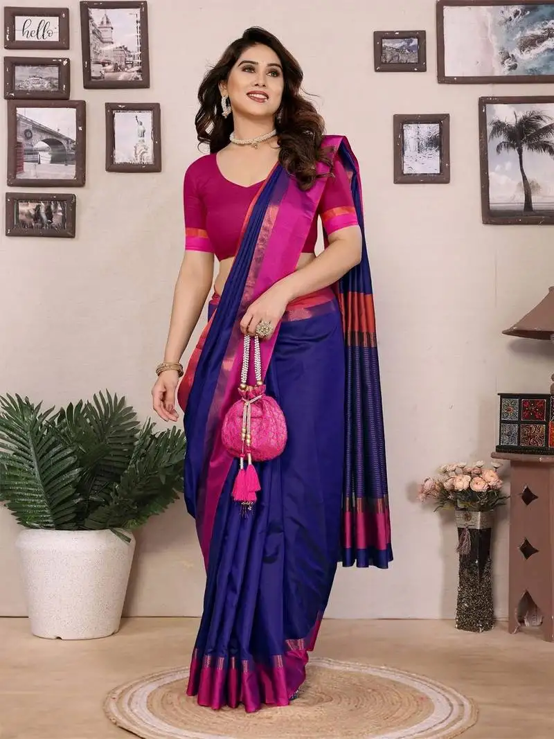 Blue silk blend heavy border fancy latest collection saree
