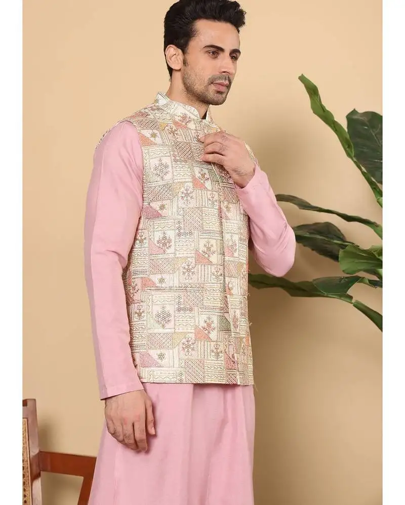 Multicolor silk embroidered nehru jacket for mens