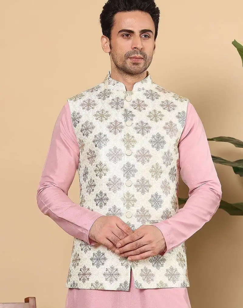 White silk embroidered nehru jacket for mens