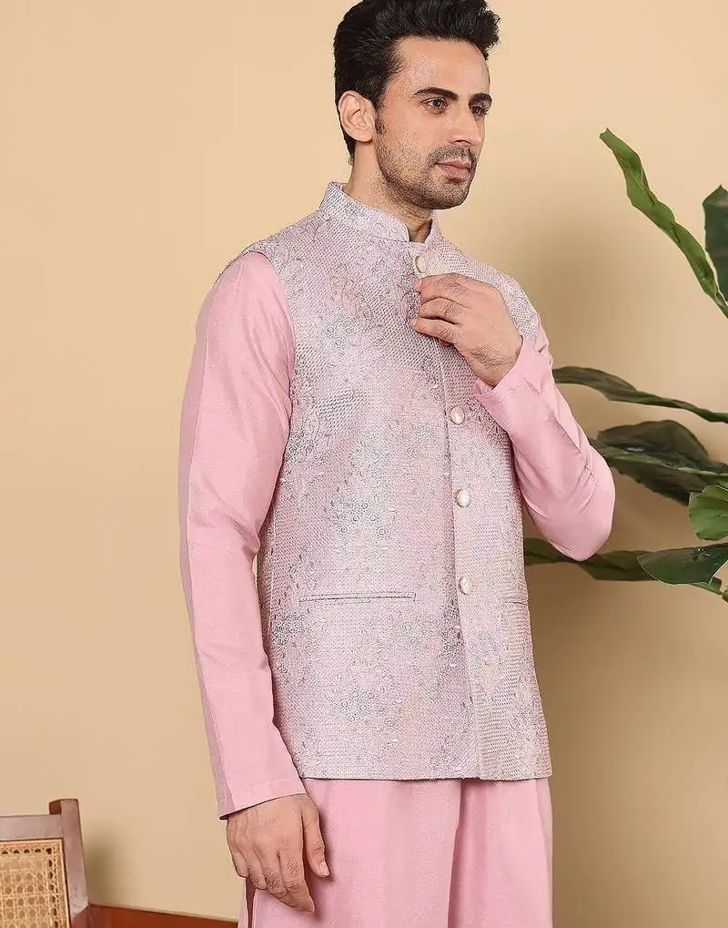 Pink silk embroidered nehru jacket for mens