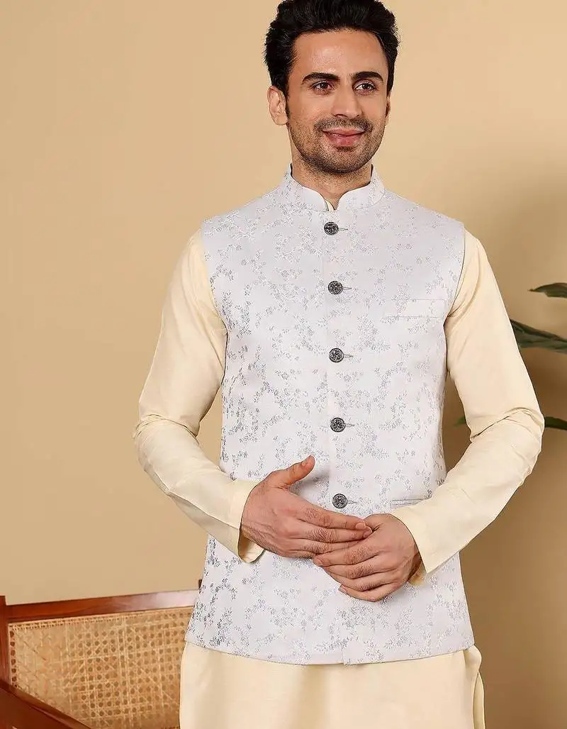 Blue silk embroidered nehru jacket for mens