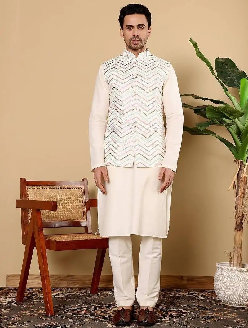 White viscose embroidered kurta pajama and nehru jacket for mens